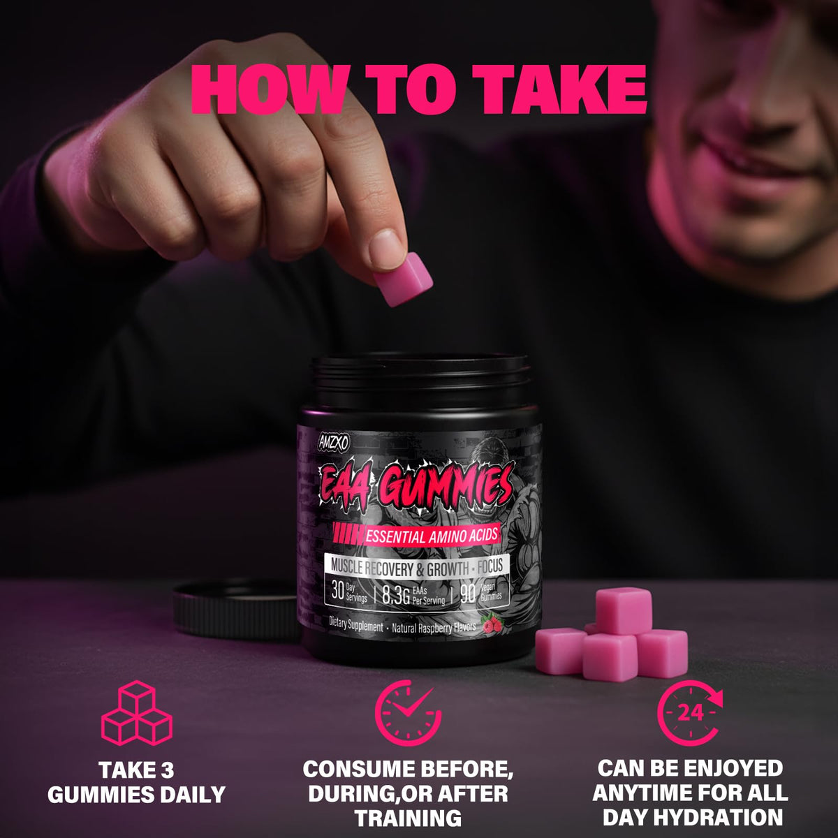 Gummies EAA AMZXO, format framboise, sur fond blanc