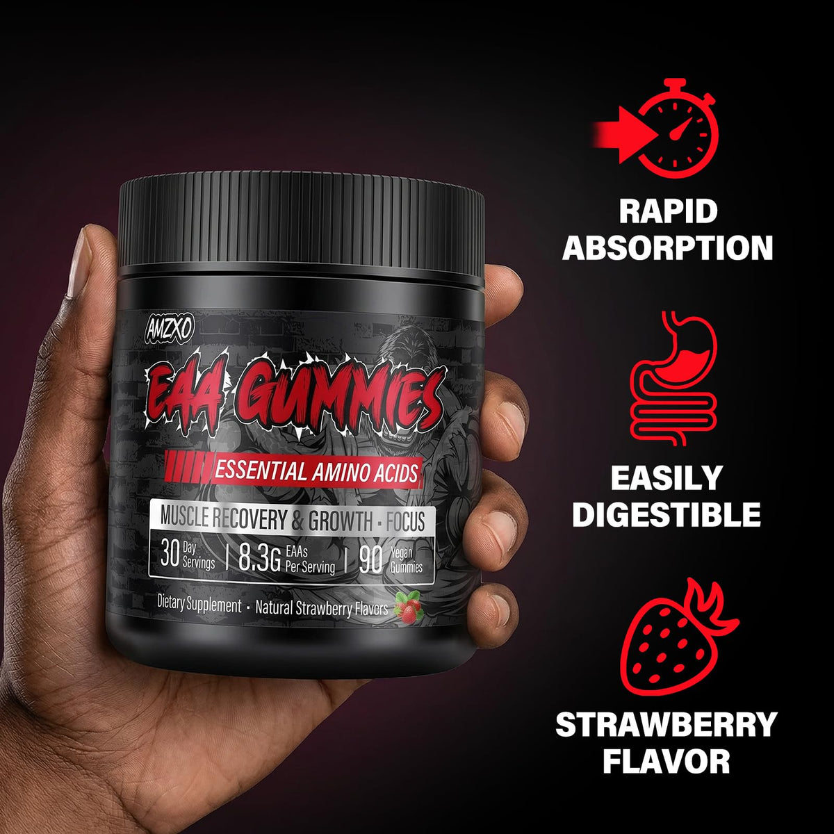 Gummies EAA AMZXO, vue de l'arrière de la bouteille