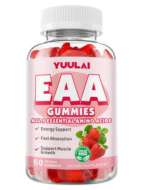 Gummies EAA YUULAI à côté d'une bouteille d'eau