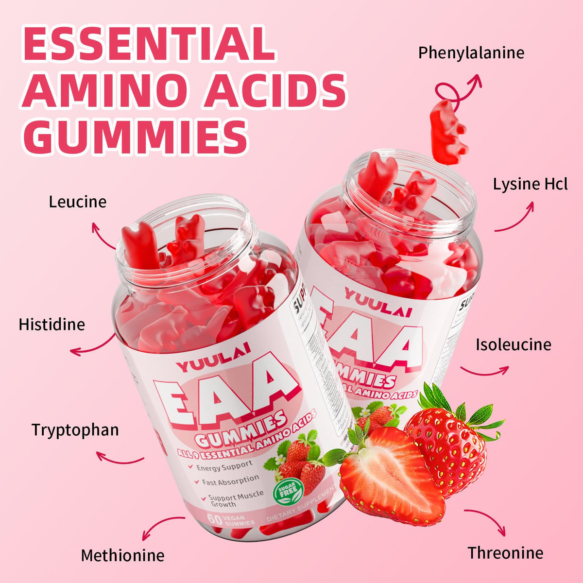 Gummies EAA YUULAI avec acides aminés essentiels listés