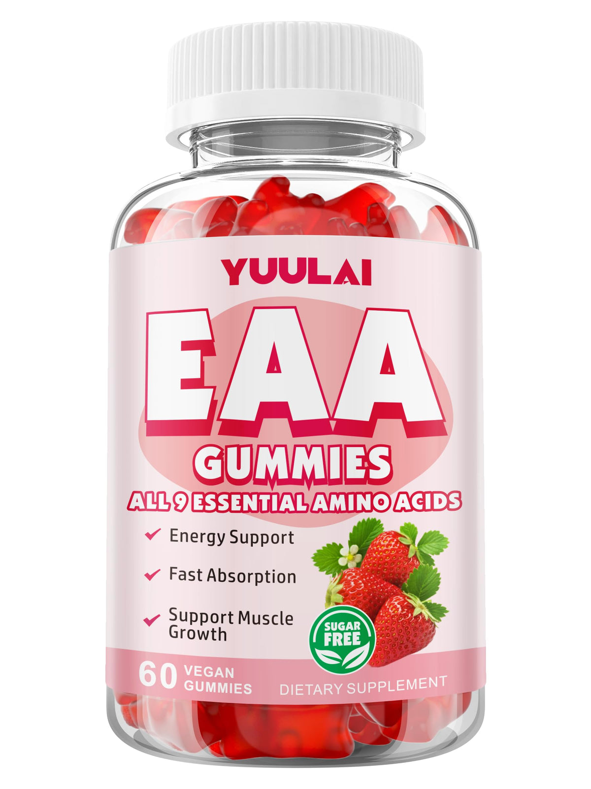 Gummies EAA YUULAI sur un fond coloré avec des éléments de fitness