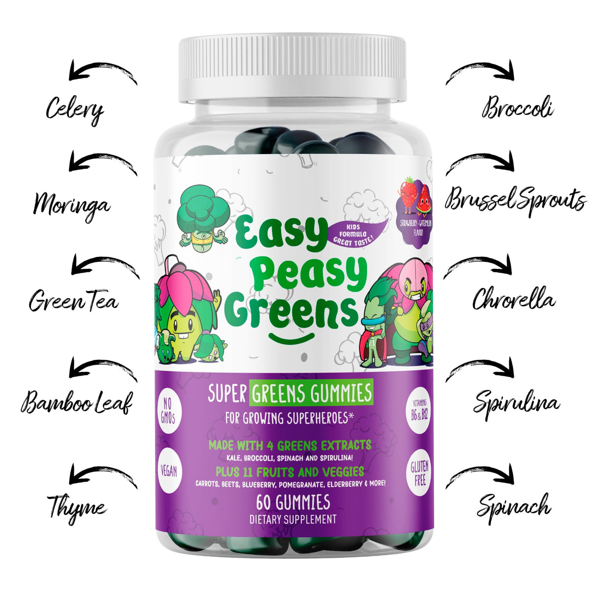 Gummies EasyPeasyGreens avec des légumes en arrière-plan