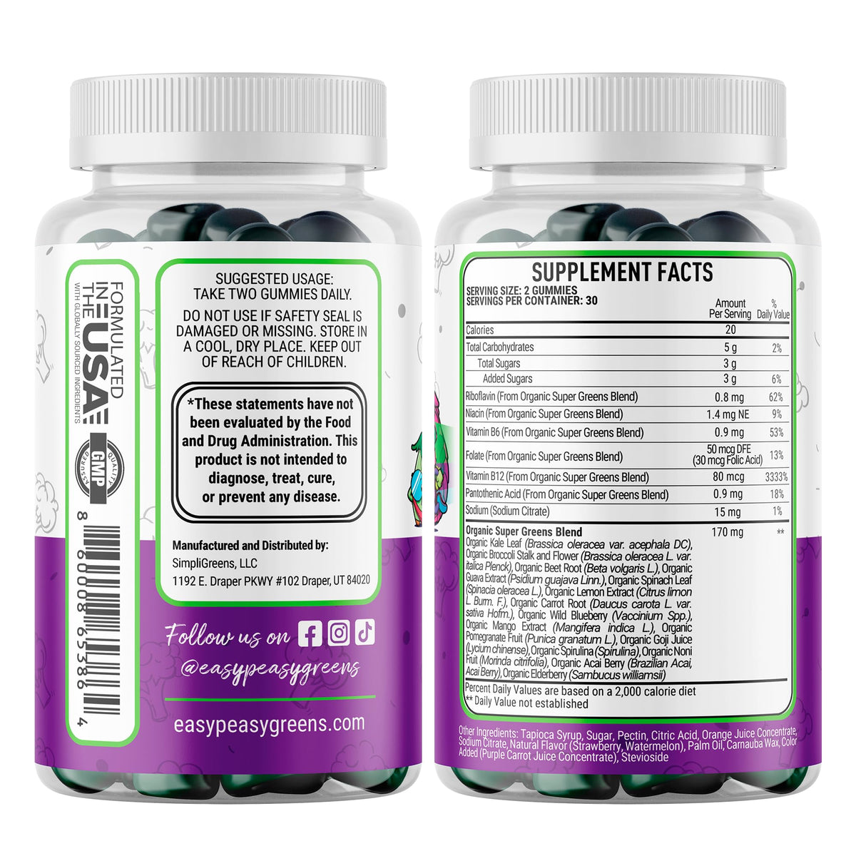 Gummies EasyPeasyGreens montrant les ingrédients naturels