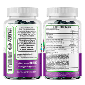 Gummies EasyPeasyGreens montrant les ingrédients naturels