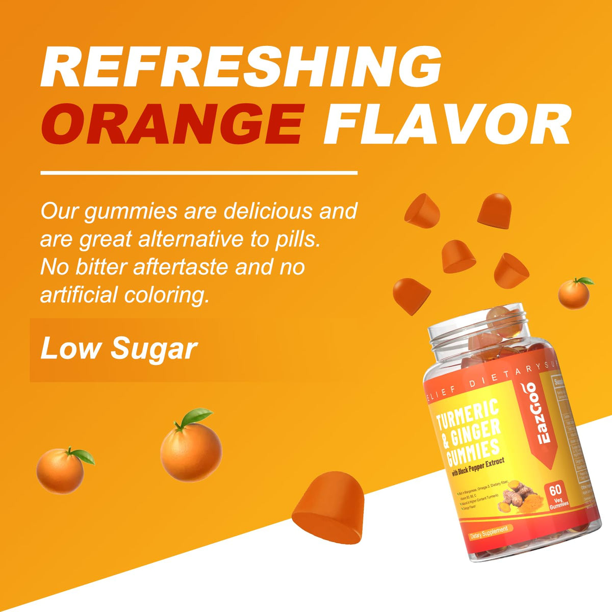 Gummies EAZGOO au curcuma sur une table avec des fruits