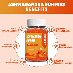 Gummies EAZGOO d'Ashwagandha avec ingrédients en arrière-plan