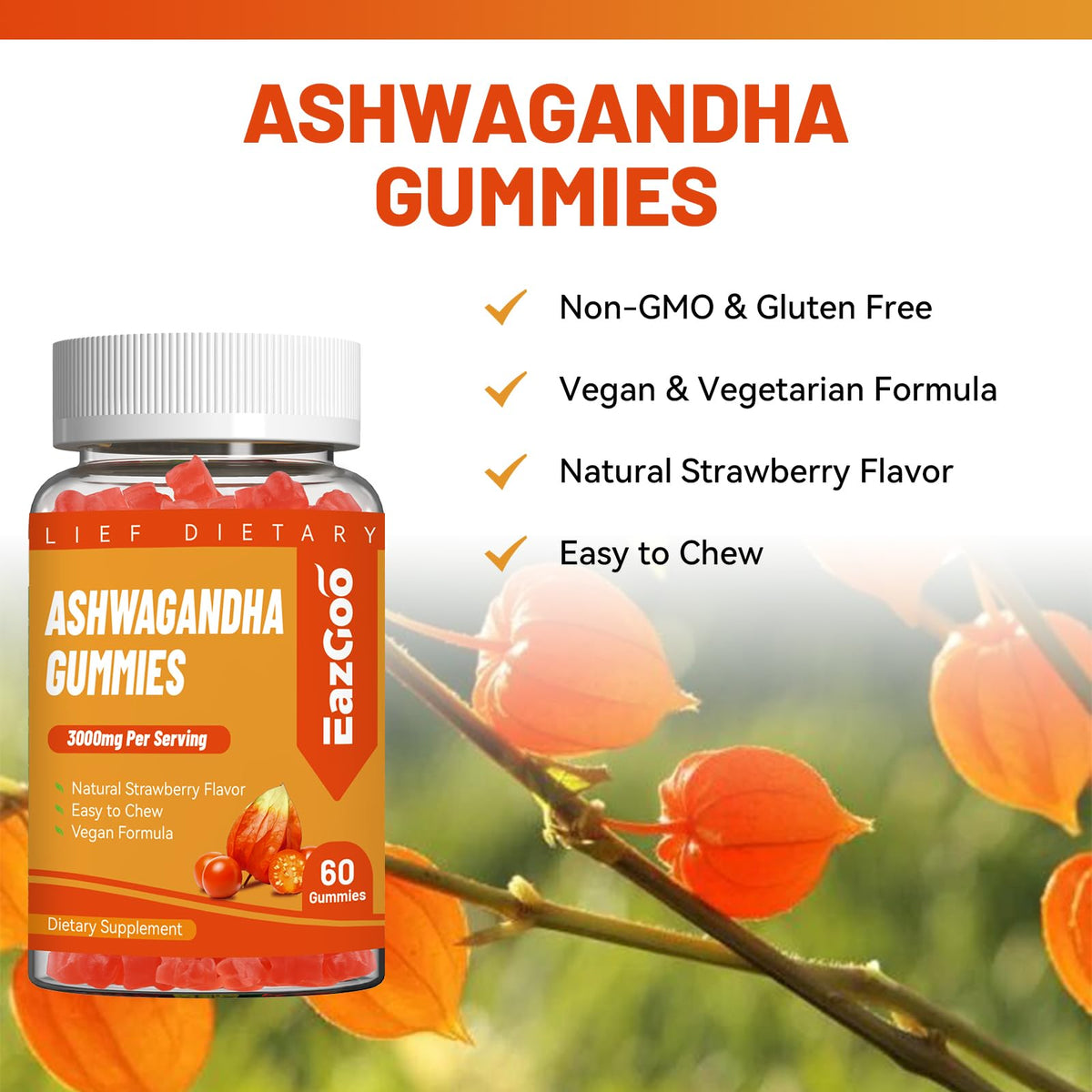 Gummies EAZGOO d'Ashwagandha sur une table en bois