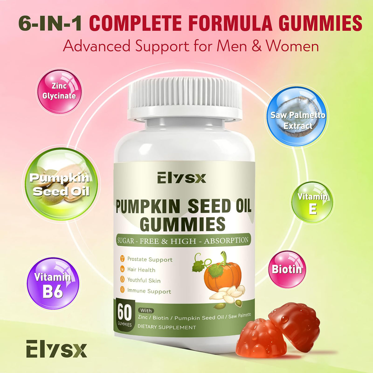 Gummies Elysx à l'huile de pépin de citrouille et saw palmetto sur une table