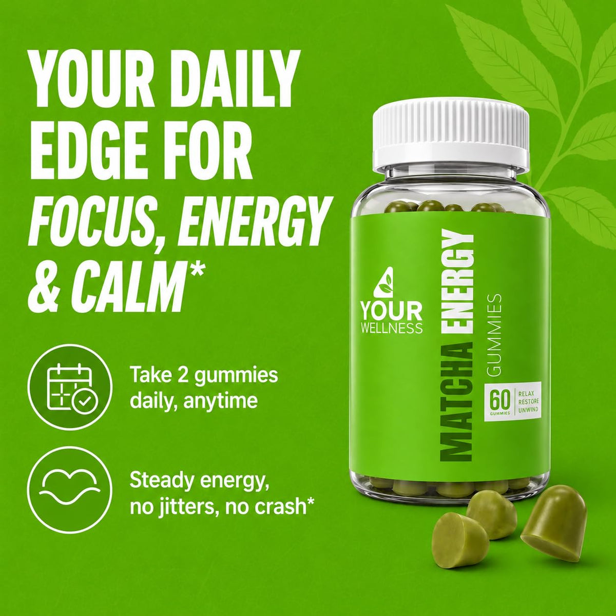 Gummies énergie Matcha 4 Your Wellness, mise en scène avec des fruits