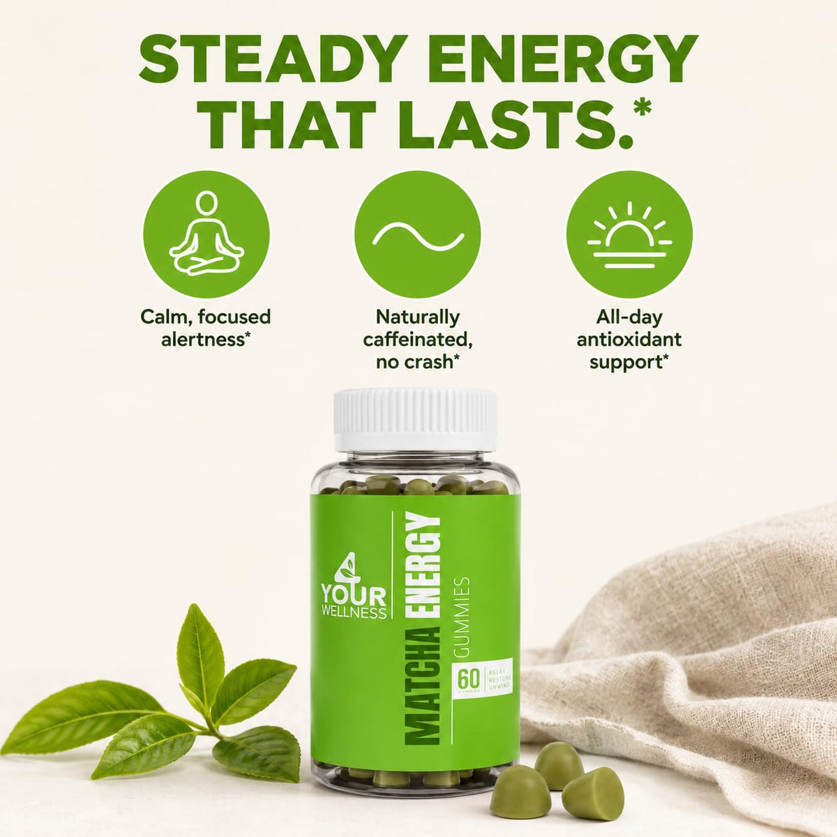 Gummies énergie Matcha 4 Your Wellness, présentation sur une table