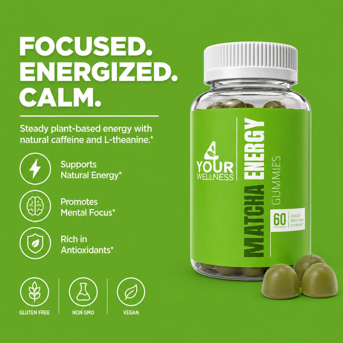 Gummies énergie Matcha 4 Your Wellness, vue latérale avec détails des ingrédients