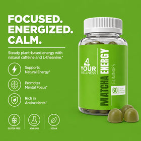 Gummies énergie Matcha 4 Your Wellness, vue latérale avec détails des ingrédients