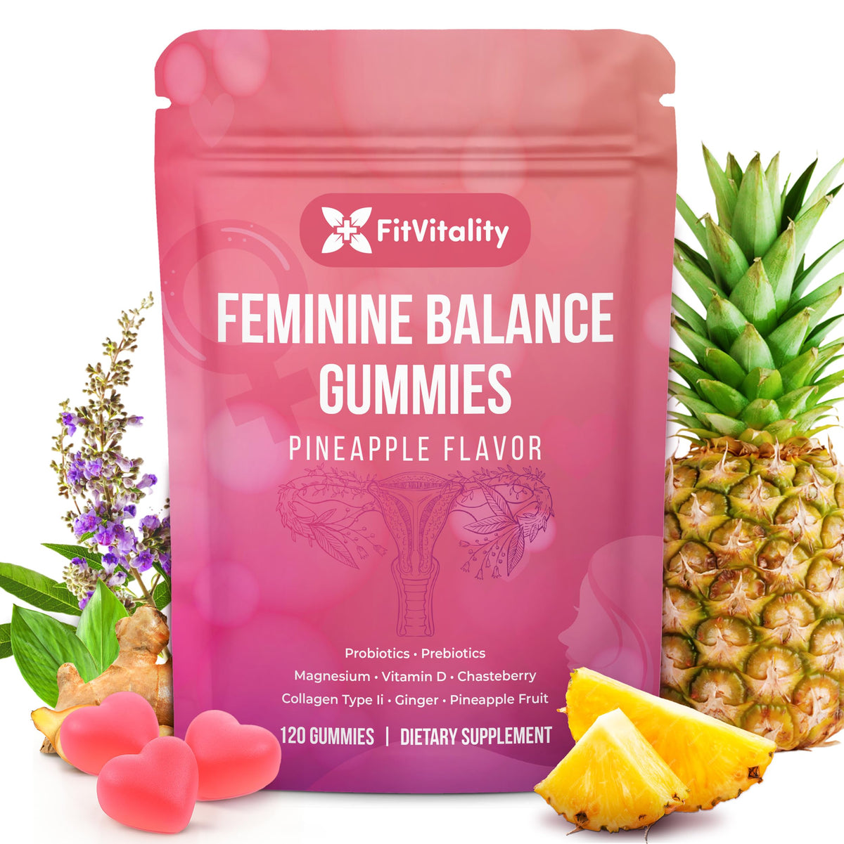 Gummies Équilibre Féminin FitVitality avec des ingrédients naturels en arrière-plan
