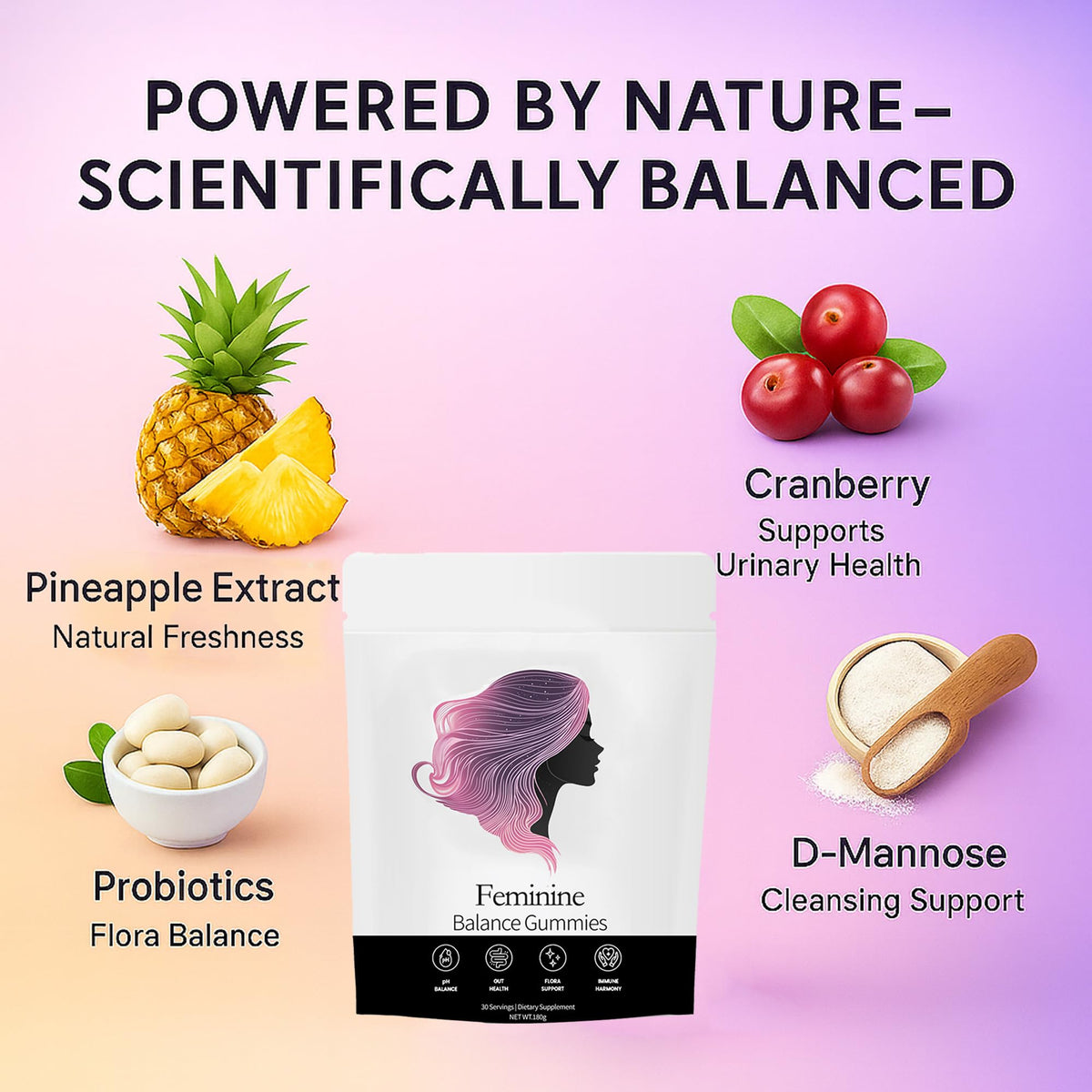 Gummies équilibre féminin NEWUREHO avec un fond tropical
