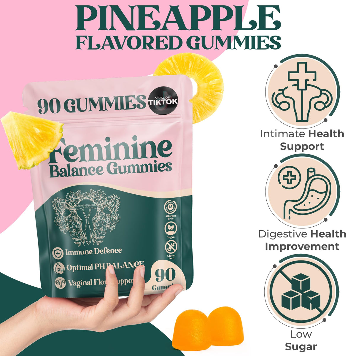 Gummies Équilibre Féminin ORGANIC UPLIFT ananas, présentation sur une table