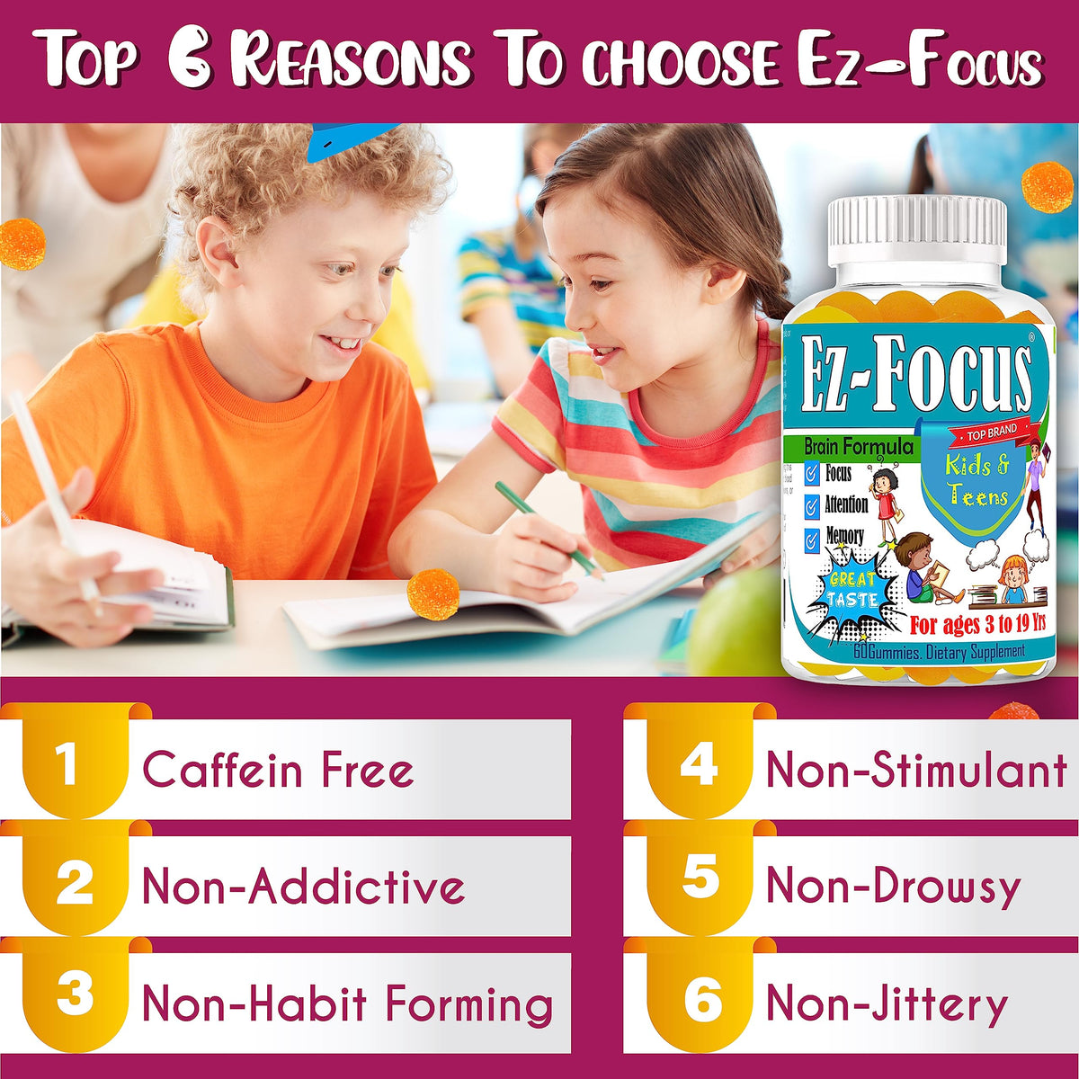 Gummies Ez-Focus pour enfants, faciles à mâcher