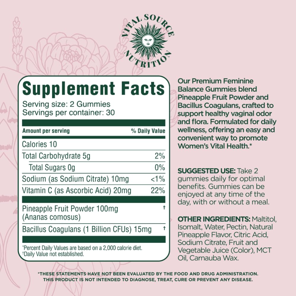 Gummies féminines Vital Source Nutrition sur un fond de fruits d'ananas