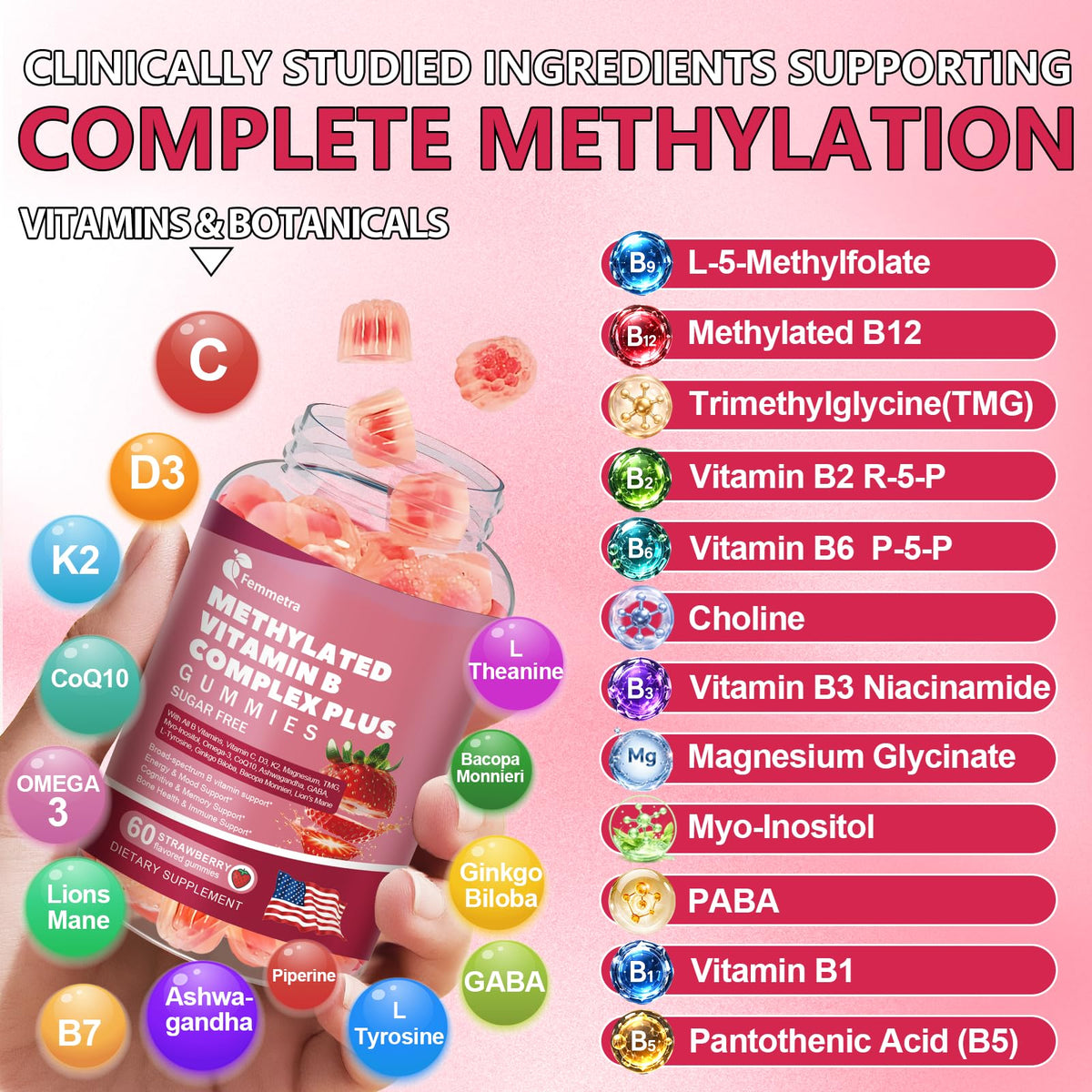 Gummies Femmetra Complexe de Vitamines B 26-en-1 sur fond blanc