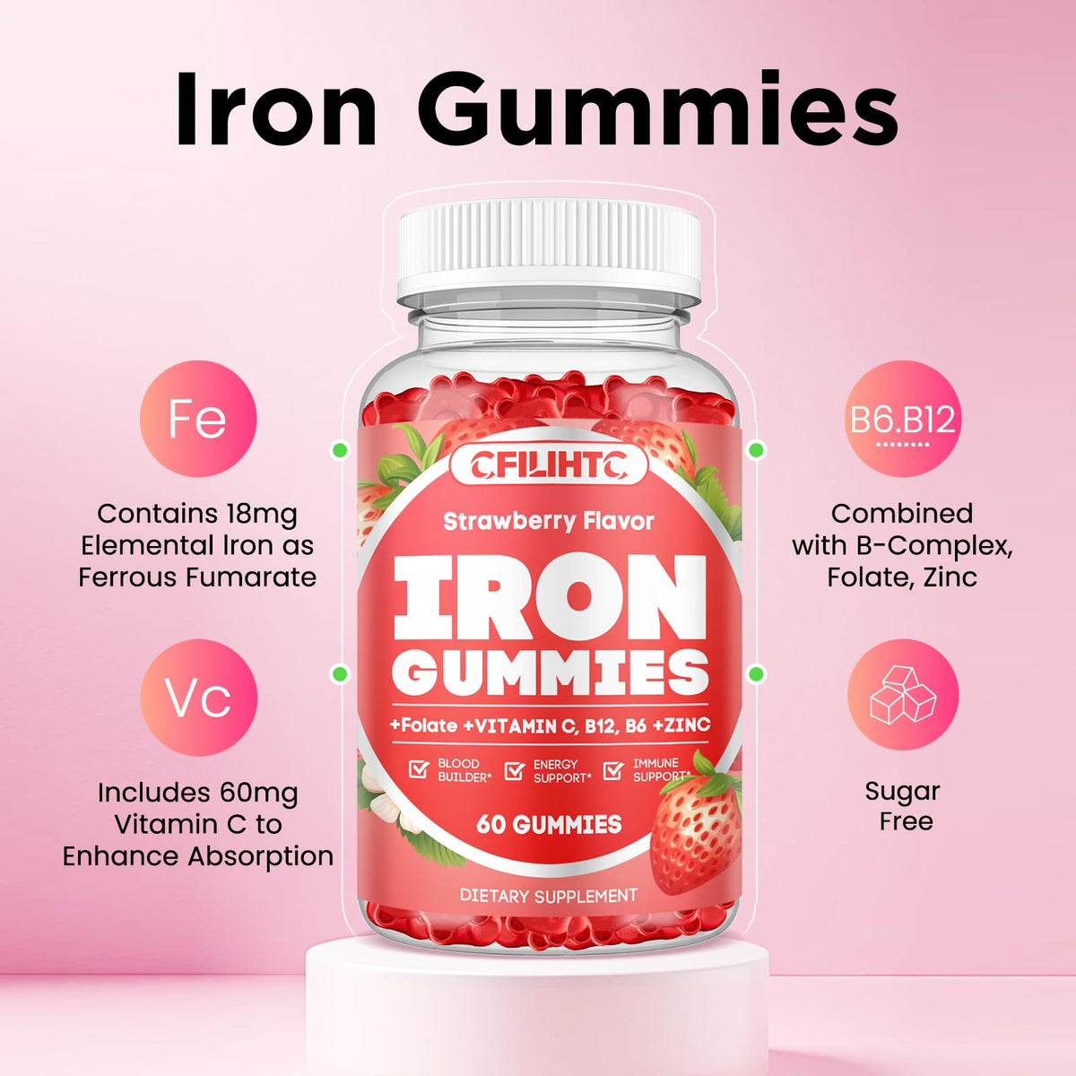 Gummies Fer CFILIHTC flacon ouvert montrant les gummies