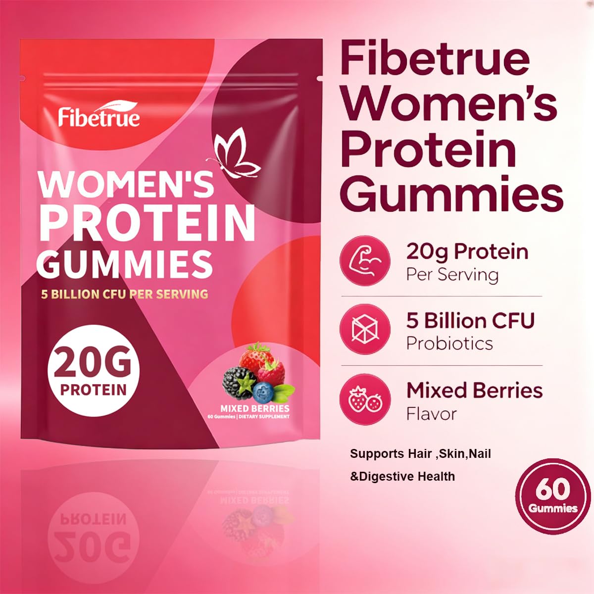 Gummies Fibetrue dans un environnement de bien-être, avec fruits autour