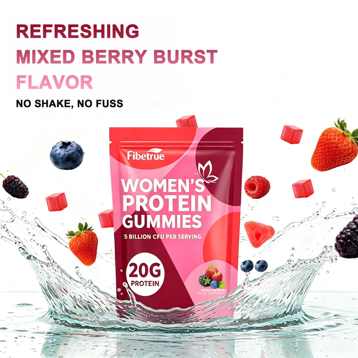 Gummies Fibetrue en pot, avec étiquette visible et contenu à l'intérieur