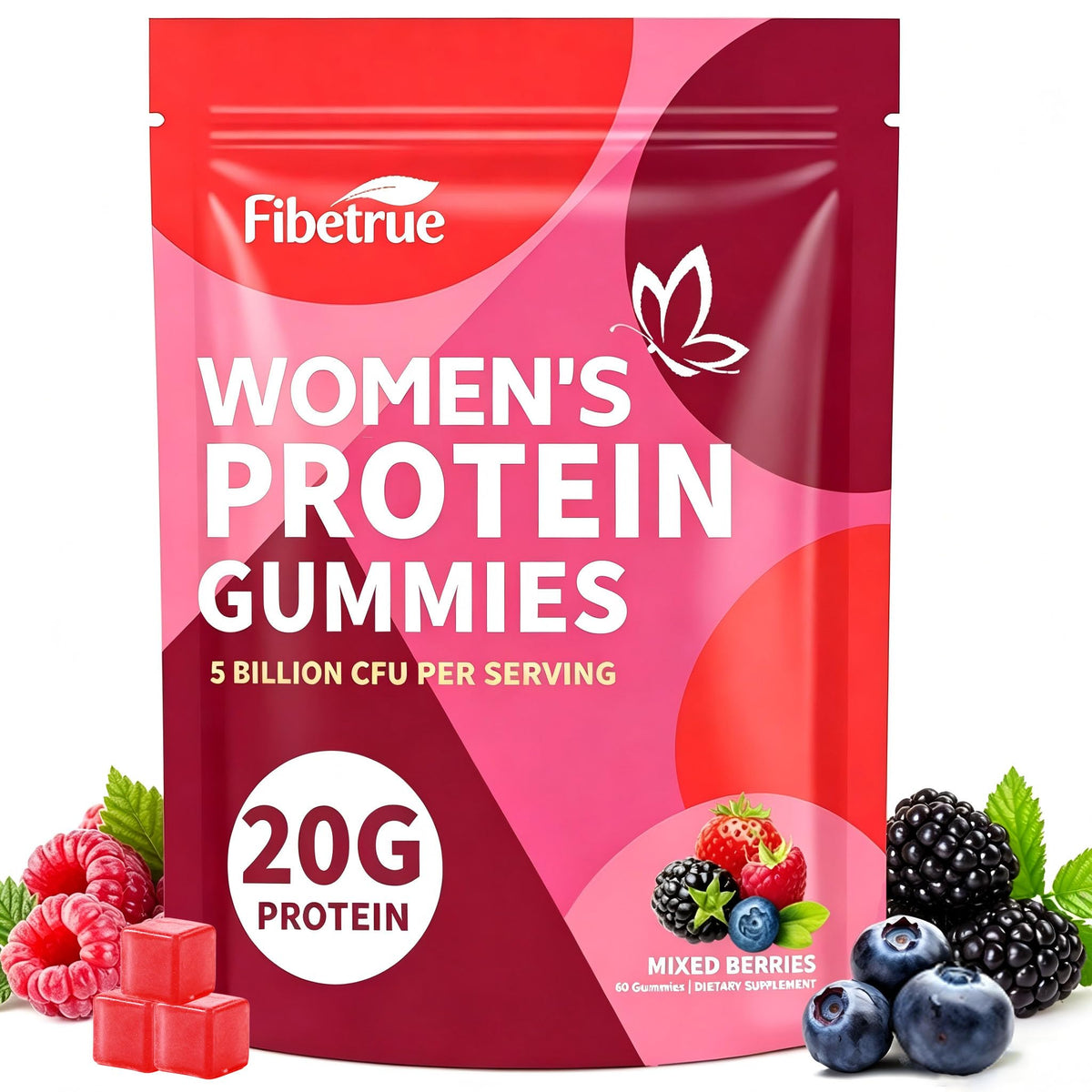 Gummies Fibetrue protéinées au goût de framboise et myrtille, vue de face