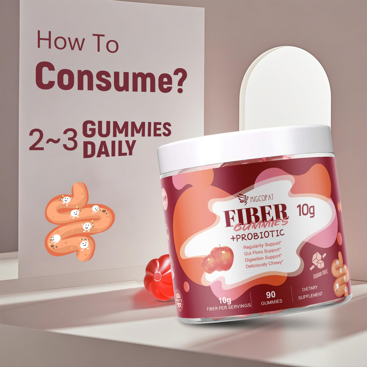 Gummies Fibres Migcopat sur une table avec des fruits