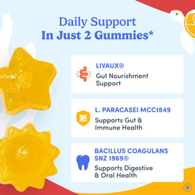 Gummies FIRST DAY 3-en-1 avec un enfant souriant