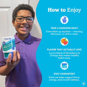 Gummies FIRST DAY avec un arrière-plan de fournitures scolaires