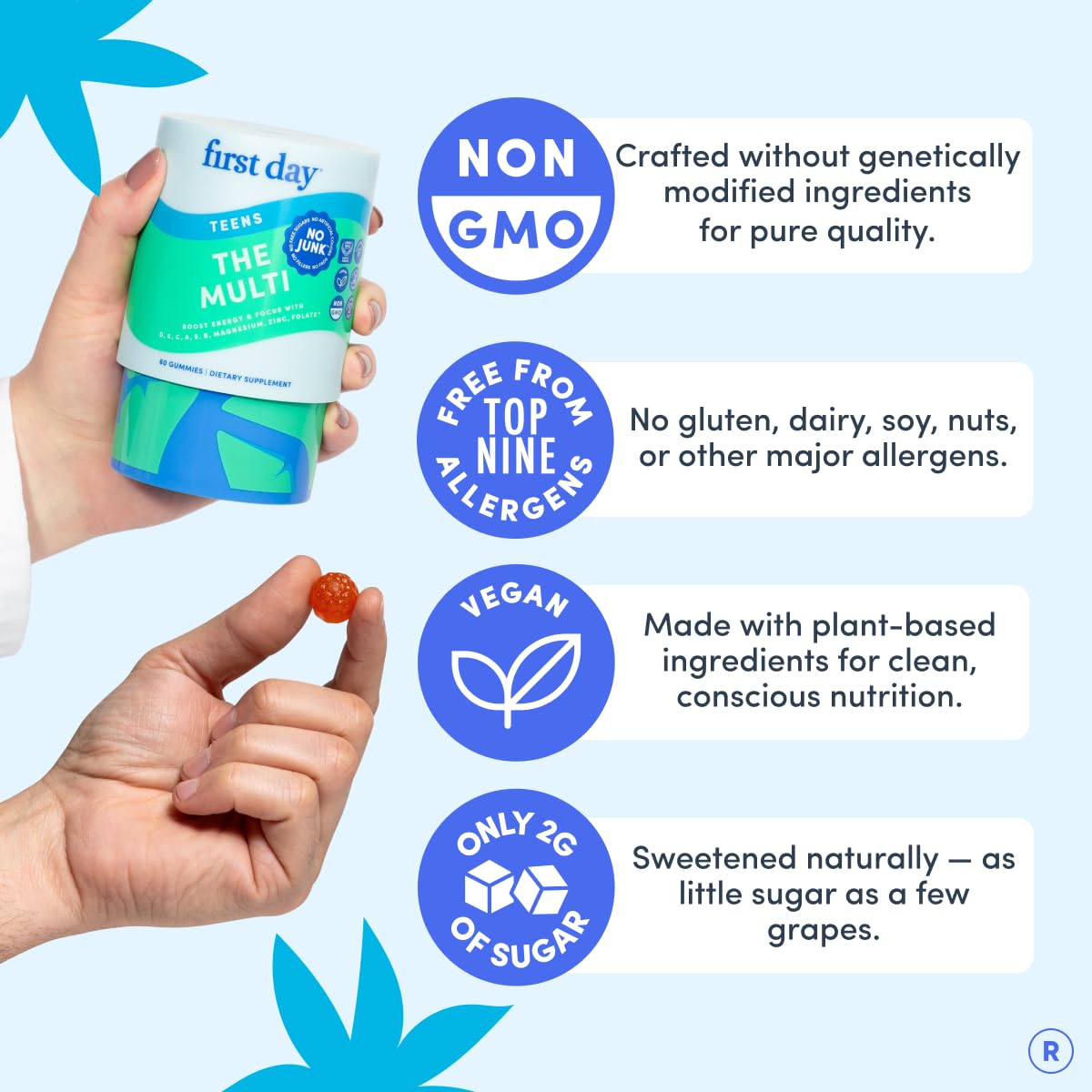Gummies FIRST DAY pour adolescents, mise en scène avec des fruits