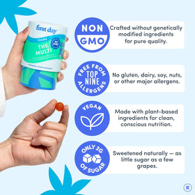Gummies FIRST DAY pour adolescents, mise en scène avec des fruits