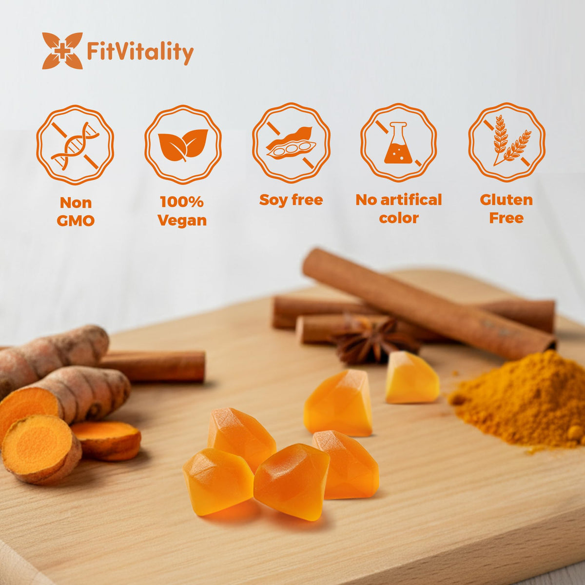 Gummies FitVitality au Curcuma, Gingembre et Cannelle, présentation sur table