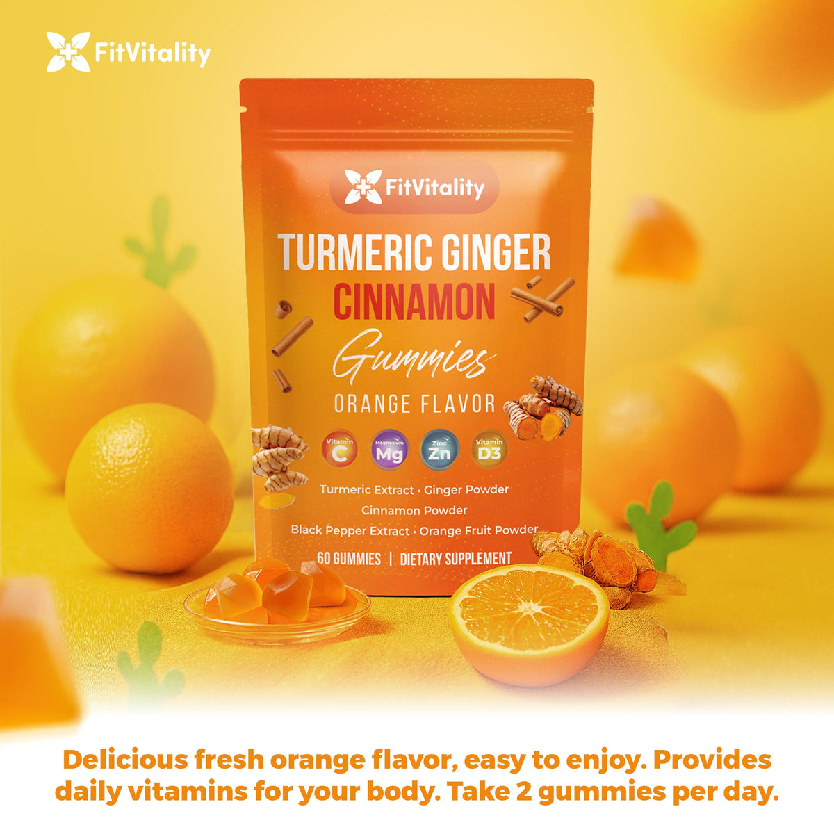 Gummies FitVitality de Curcuma, Gingembre et Cannelle, côté de la boîte