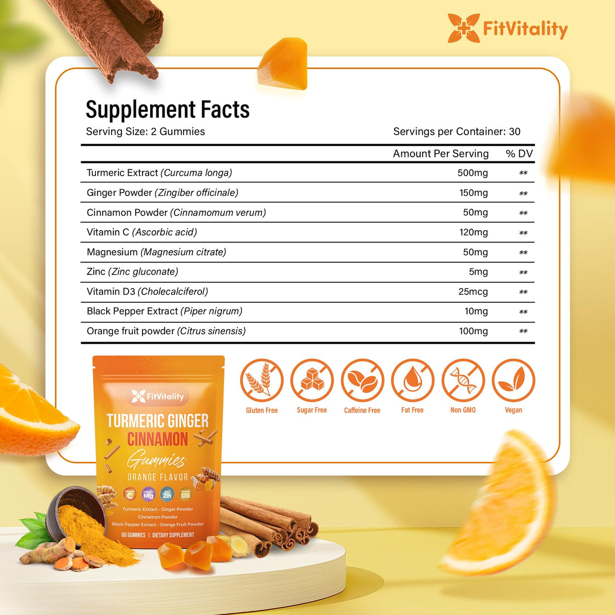 Gummies FitVitality de Curcuma, Gingembre et Cannelle, vue de face