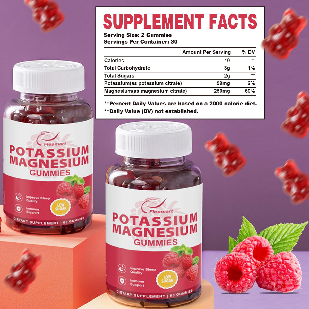 Gummies Fleamart au potassium et magnésium, ensemble sur une surface en bois