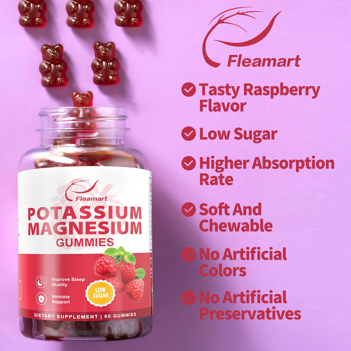 Gummies Fleamart au potassium, vue rapprochée des gummies