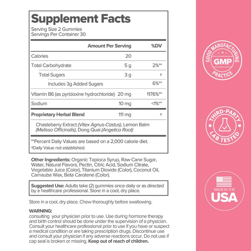 Gummies FLO PMS, ingrédients sur l'étiquette