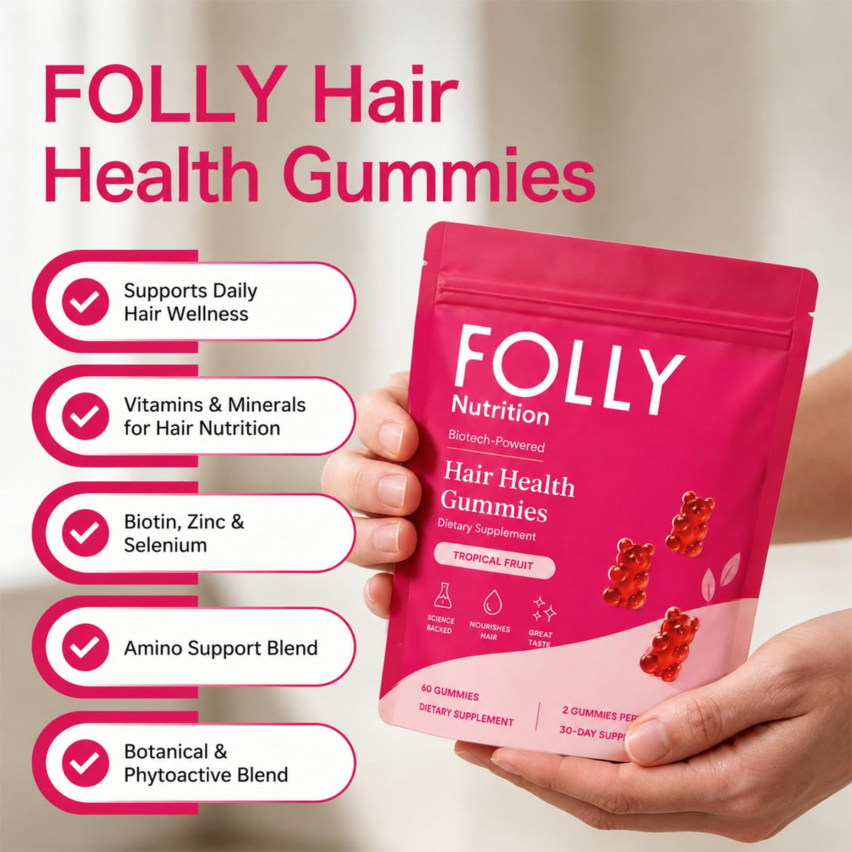 Gummies Folly Nutrition avec ingrédients naturels en arrière-plan