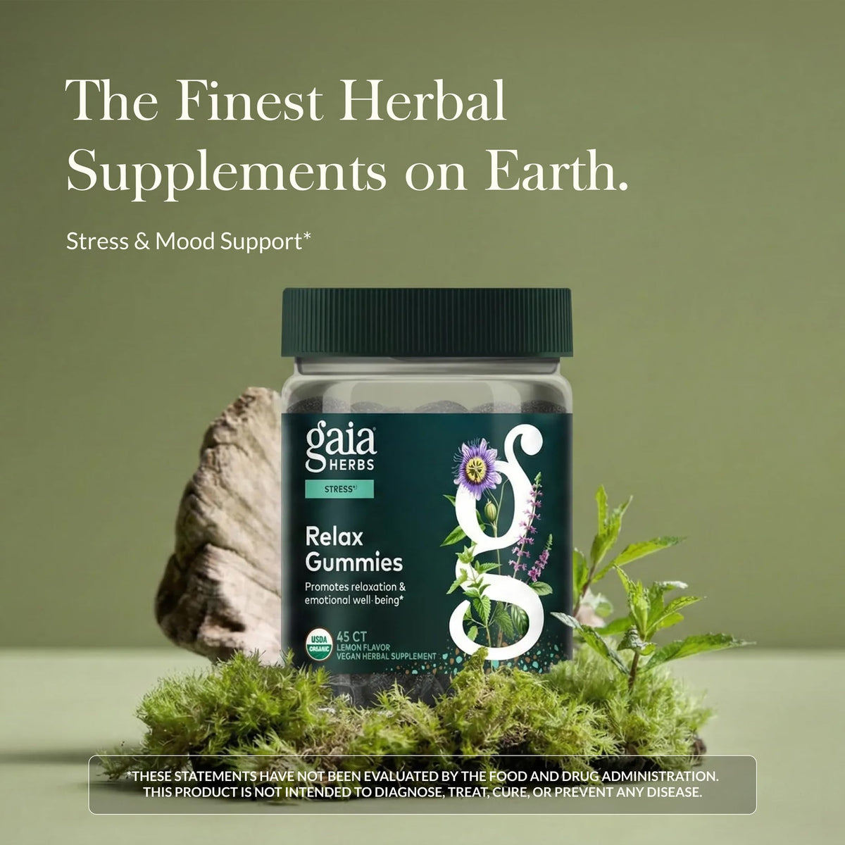 Gummies Gaia Herbs en gros plan, montrant la texture et la couleur