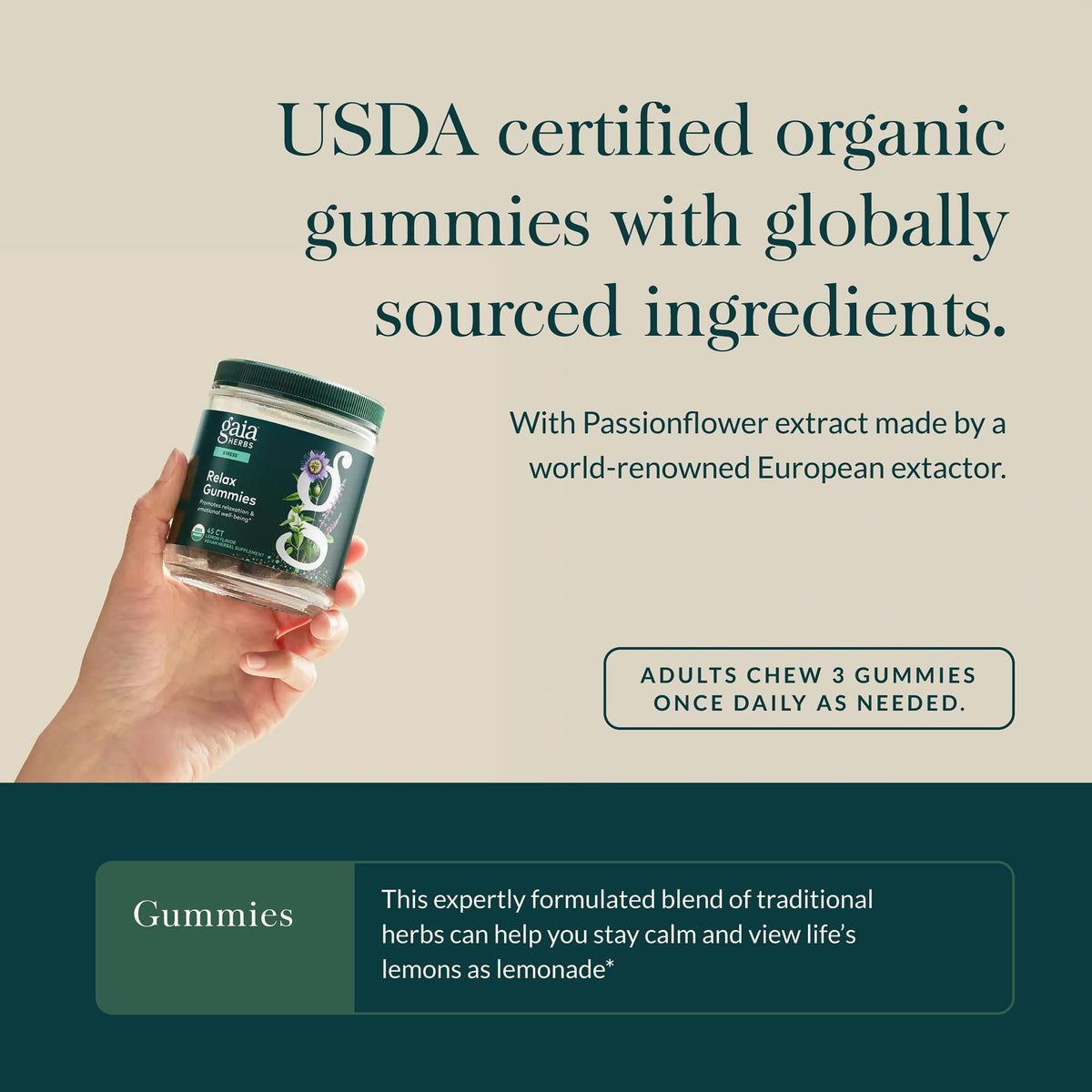 Gummies Gaia Herbs sur une table en bois, éclairage naturel
