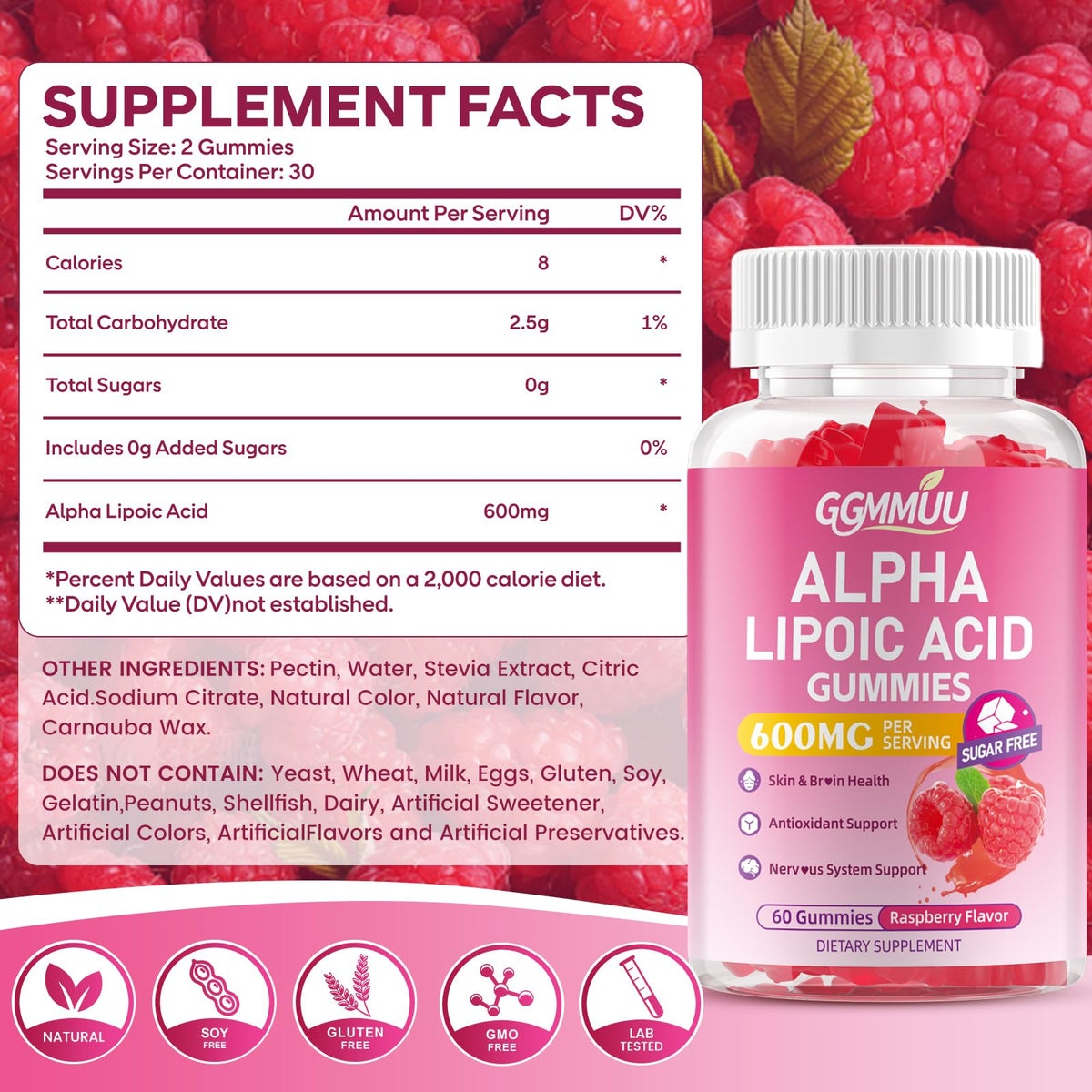 Gummies GGMMUU Acide Alpha-Lipoïque 600mg, vue arrière de l'emballage