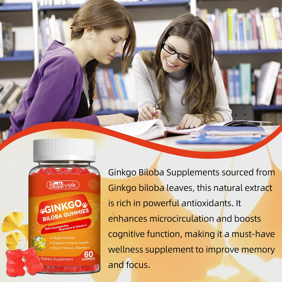 Gummies Ginkgo Biloba Babivek avec racine d'Ashwagandha et vitamine C