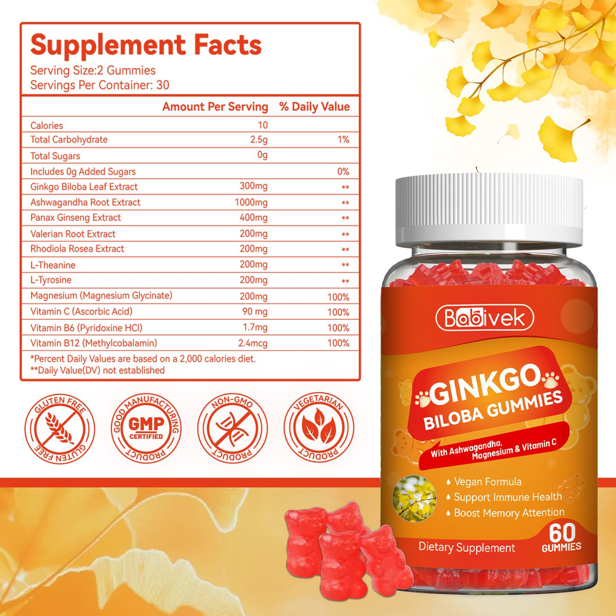 Gummies Ginkgo Biloba Babivek dans une main avec une portion de 2 gummies