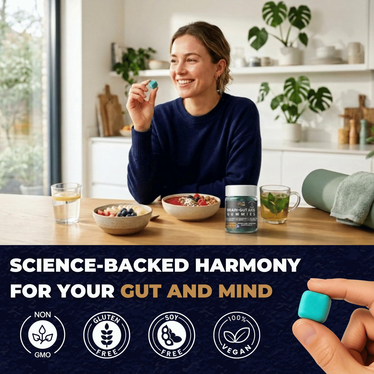 Gummies Global-List LLC avec des ingrédients en arrière-plan