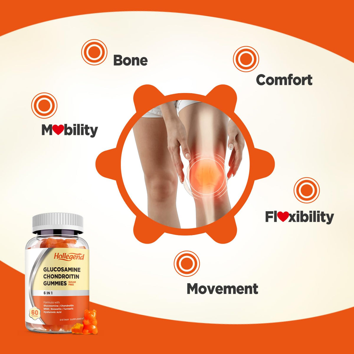 Gummies glucosamine chondroitin HOLLEGEND sur un fond blanc
