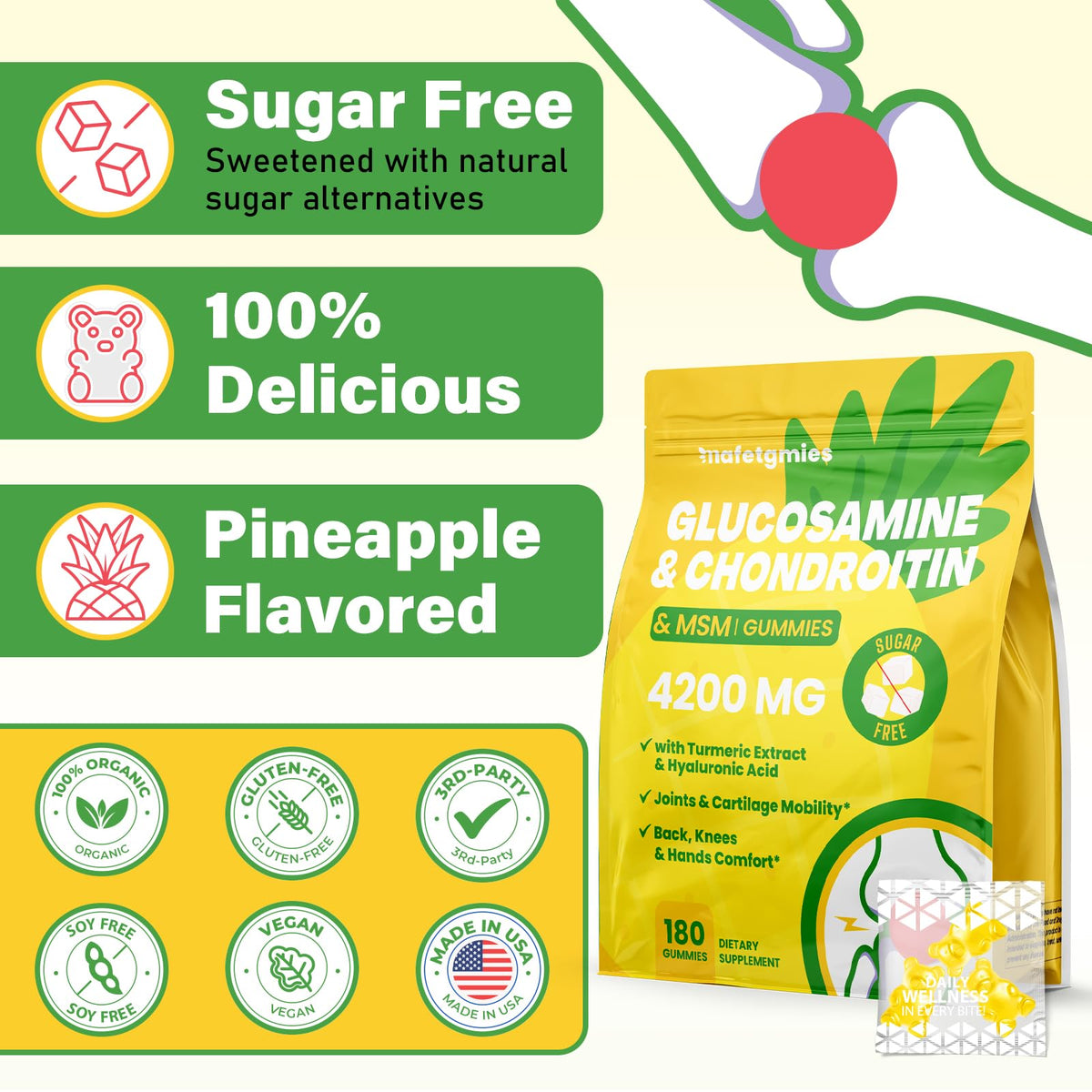 Gummies glucosamine chondroïtine à côté d'un verre d'eau