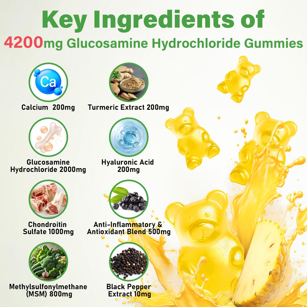 Gummies glucosamine chondroïtine dans une main, à côté d'une tasse