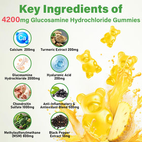 Gummies glucosamine chondroïtine dans une main, à côté d'une tasse