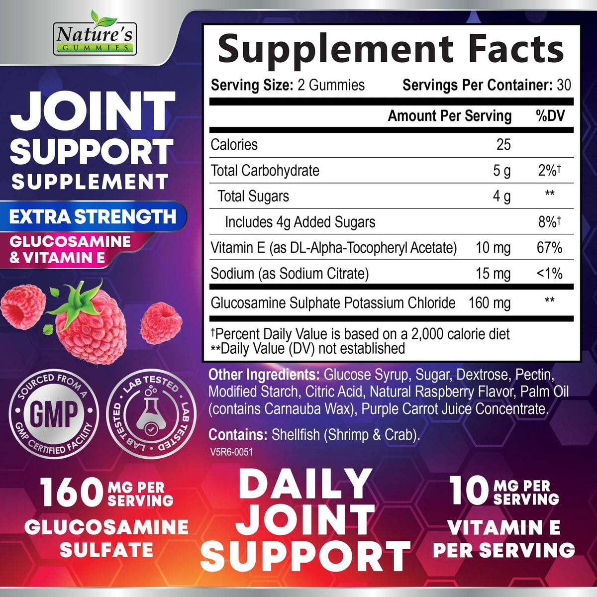 Gummies glucosamine Nature's Gummies vue arrière avec ingrédients