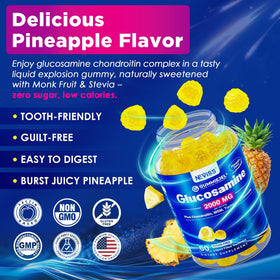 Gummies glucosamine NEVISS avec ingrédients naturels en arrière-plan